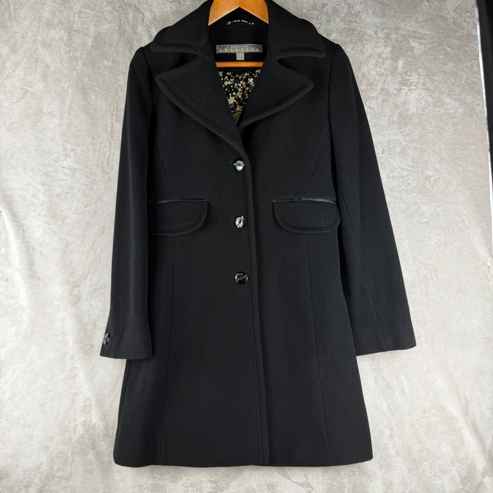 Kenneth Cole Reaction Womens Black‎ Wool Blend Floral Lined Peacoat Size 4